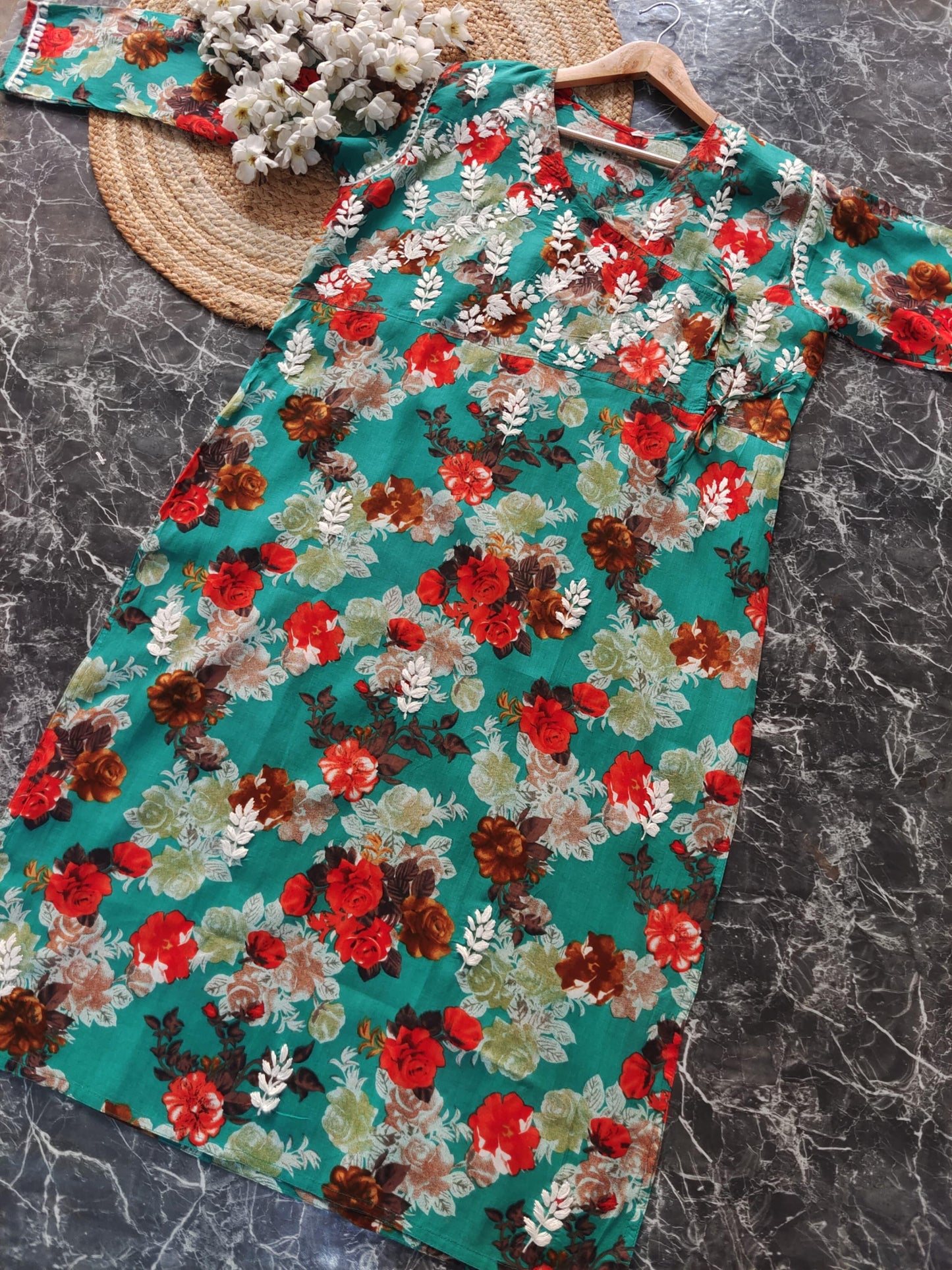 Teal Blue Mulmul Angarkha Style Floral Dori Long Chikankari Kurtis ✨ - Inayakhan Shop 