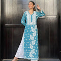 Teal Blue Premium 3D Jasmine Maslin Kurti with White Pallazo (Limited Stock)