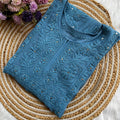 Teal Blue Premium Viscose Lucknow Chikankari Mukaish Hand Work Nyra Cut Kurti