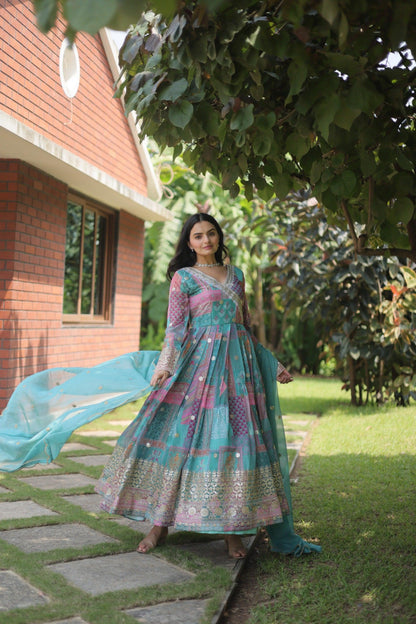 Teal Celestial Silk Embroidered Gown-Dupatta Set - Inayakhan Shop 