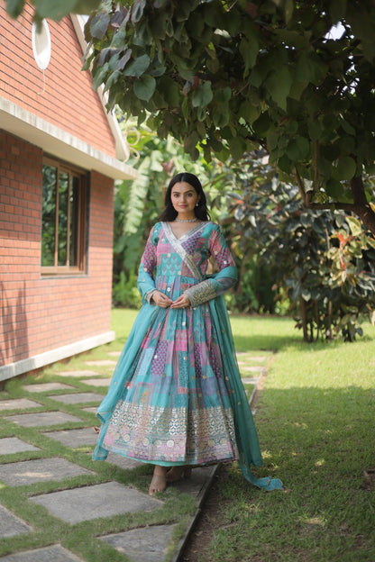 Teal Celestial Silk Embroidered Gown-Dupatta Set - Inayakhan Shop 