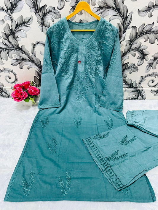 Teal Chikankari Bliss Combo: Dyeable Pure Cotton Kurti & Palazzo Set - Inayakhan Shop 