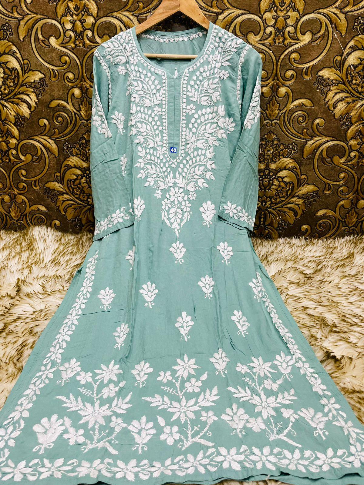 Teal Exquisite Lucknowi Chikankari Modal Kurti with White Rayon Palazzo - Inayakhan Shop 