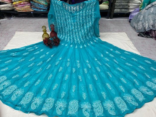 Teal Green Classic Lucknow Chikankari Anarkali Gown 56 inch Kali - Inayakhan Shop 