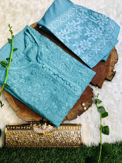Teal Green Cotton Chikankari Hand Work Kurti Pant Sets - Inayakhan Shop 