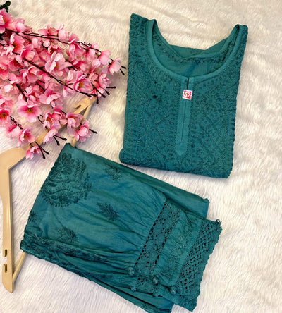 Teal Green Elegant Cambric Cotton Chikankari Afghani Co-ord Ensemble