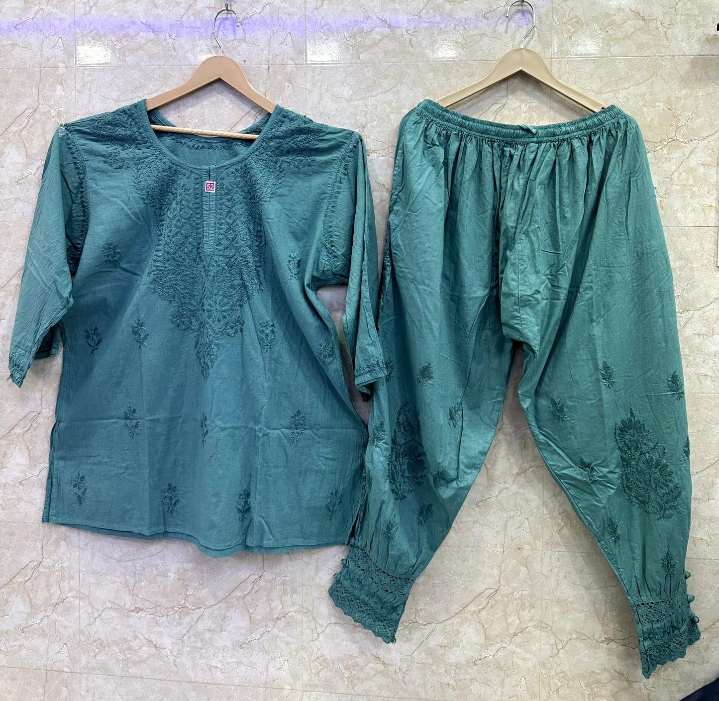 Teal Green Elegant Cambric Cotton Chikankari Afghani Co-ord Ensemble - Inayakhan Shop 