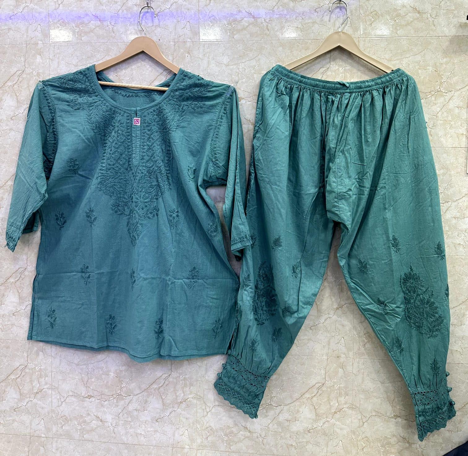 Teal Green Elegant Cambric Cotton Chikankari Afghani Co-ord Ensemble - Inayakhan Shop 