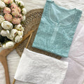 Teal Green Elegant Mal Mal Chikankari Short Top & Lycra Pants Set