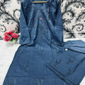Teal grey Chikankari Bliss Combo: Dyeable Pure Cotton Kurti & Palazzo Set
