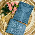 Teal Grey Chikankari Cotton Kurti & Coordinated Set ++ Sizes available
