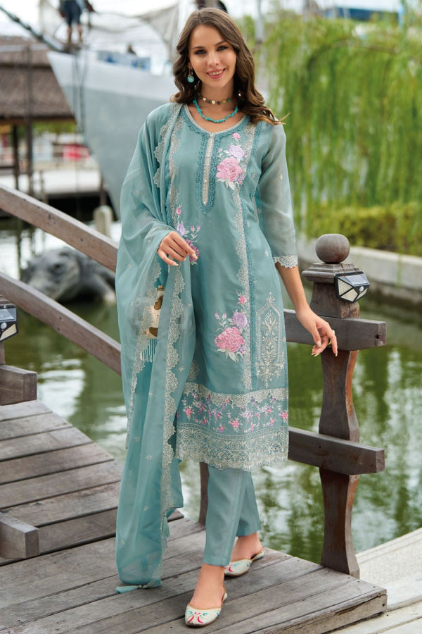 Teal Green Pakistani Style Soft Organza Salwar Kameez Set with Dupatta