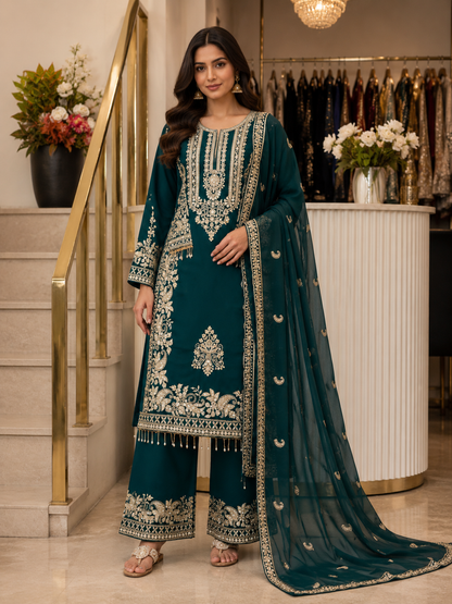Teal Green Heavy Faux Georgette Embroidered Sequin Top Palazzo Dupatta Set