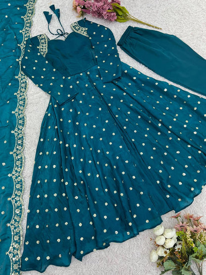 Teal Designer Embroidered Fandy Silk Indian Gown Set | Party Wear 42 / Blue / Silk Teal Designer Embroidered Fandy Silk Indian Gown Set | Party Wear 42 / Blue / Silk