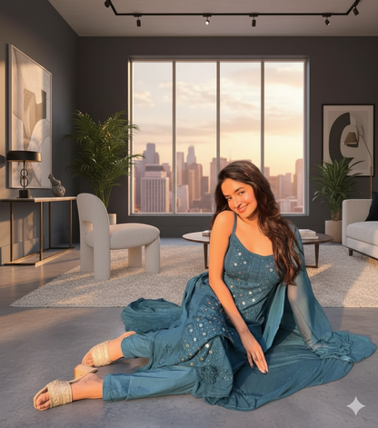 Woman in a blue traditional outfit sitting on the floor in a modern living room with cityscape view.