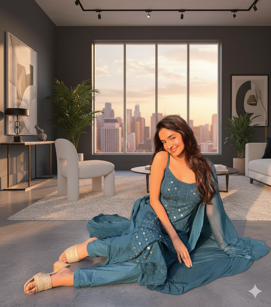 Woman in a blue traditional outfit sitting on the floor in a modern living room with cityscape view.