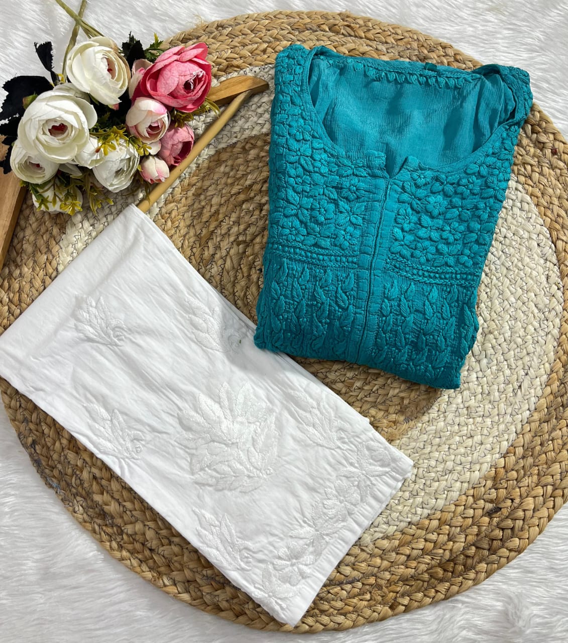 Teal Green Chinon Nyra Style 3D handwork Lucknow Chikankari Kurti Set