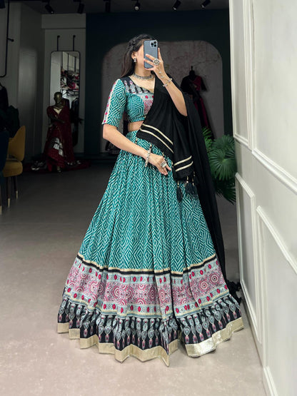 Teal Bandhej and Ajrakh Print Rayon Navratri Chaniya Choli with Chanderi Dupatta