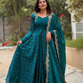 Teal Designer Embroidered Fandy Silk Indian Gown Set | Party Wear