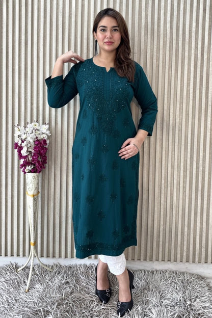 Teal Exquisite Lucknow Chikankari Mukesh Work Kurti Set