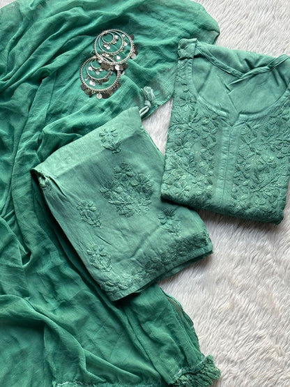 Teal green Premium Rayon Chikankari Kurta Palazzo Dupatta Set | Hand Embroidered with Mukesh Work