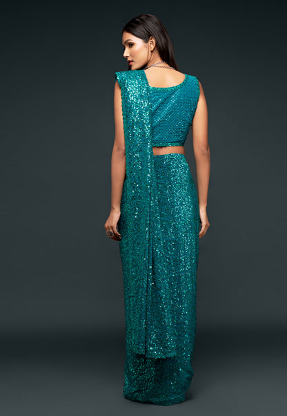 Teal Green Heavy Sequins Work Bridesmaid Saree with Blouse