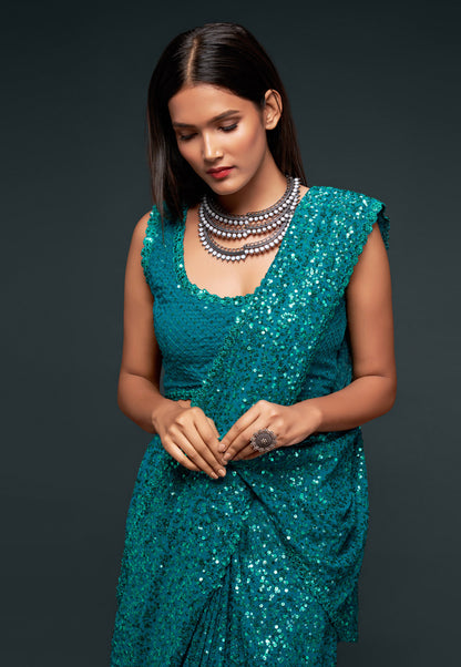 Teal Green Heavy Sequins Work Bridesmaid Saree with Blouse