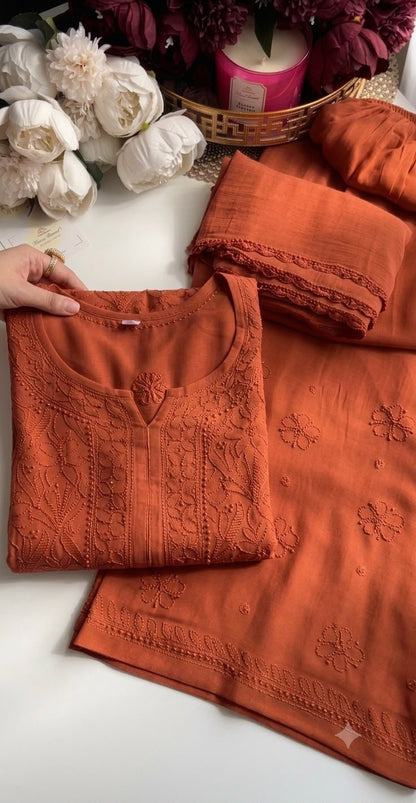 Premium Terracotta Resham Viscose Jaal Kurti, Palazzo & Dupatta Set (New)