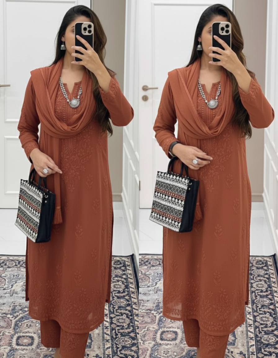 Terra Cotta Ethereal Dyeable Modal Chikankari Kurta Set (New)