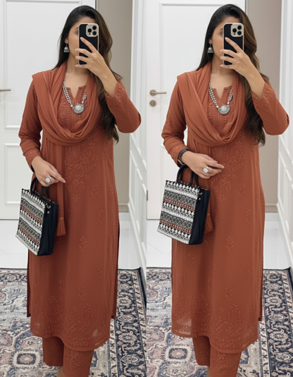 Terra Cotta Ethereal Dyeable Modal Chikankari Kurta Set (New)
