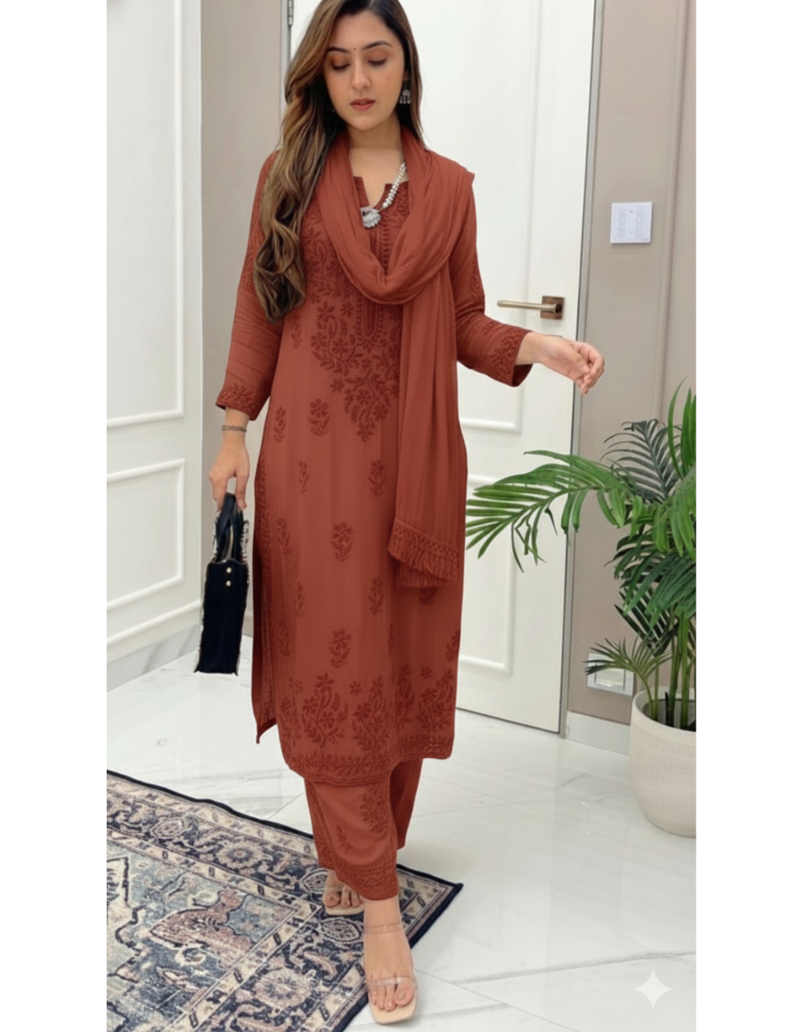 Terra Cotta Ethereal Dyeable Modal Chikankari Kurta Set (New)