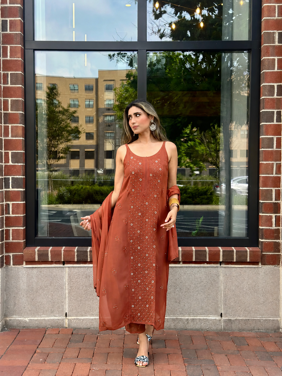 Earthy Terracotta Luxe Viscose Ring Work Jaal Lucknow Chikankari Kurti Set (NEW)