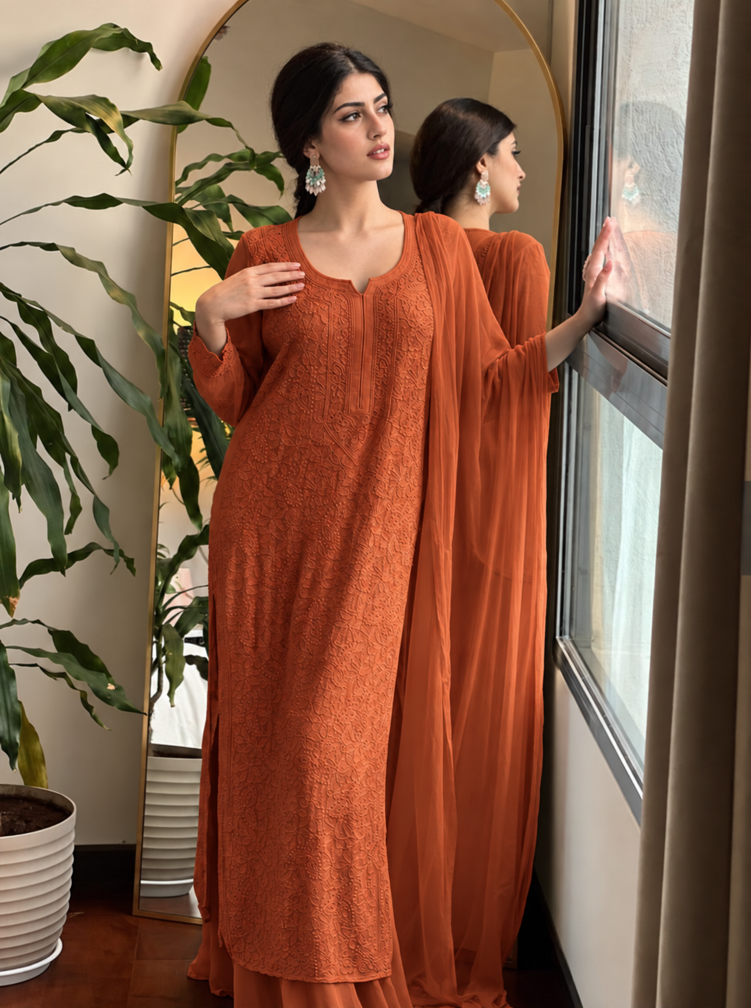 Premium Terracotta Resham Viscose Jaal Kurti, Palazzo & Dupatta Set (New)
