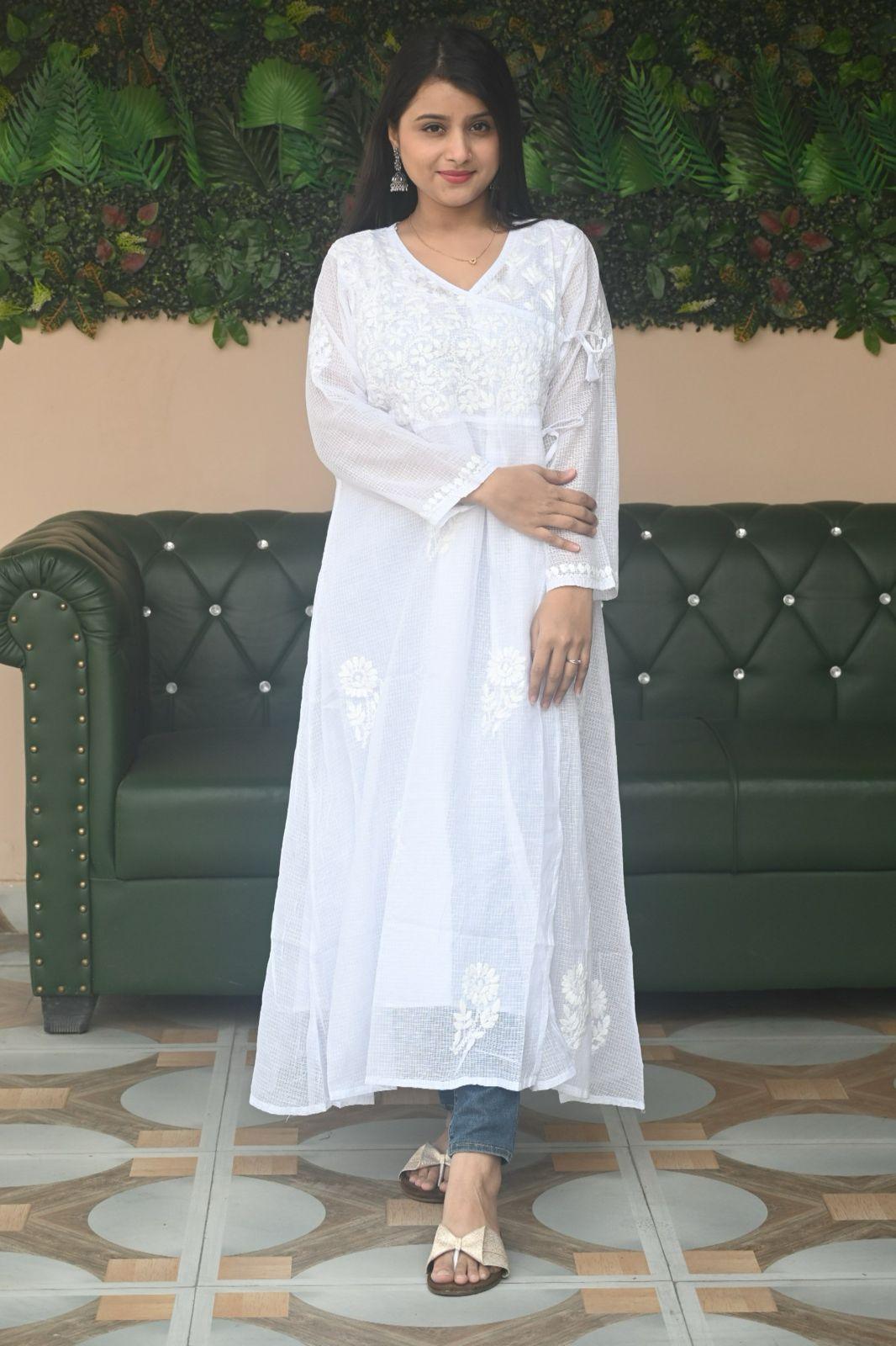 Timeless White Kota Doria Cotton Chikankari Kurti - Inayakhan Shop 