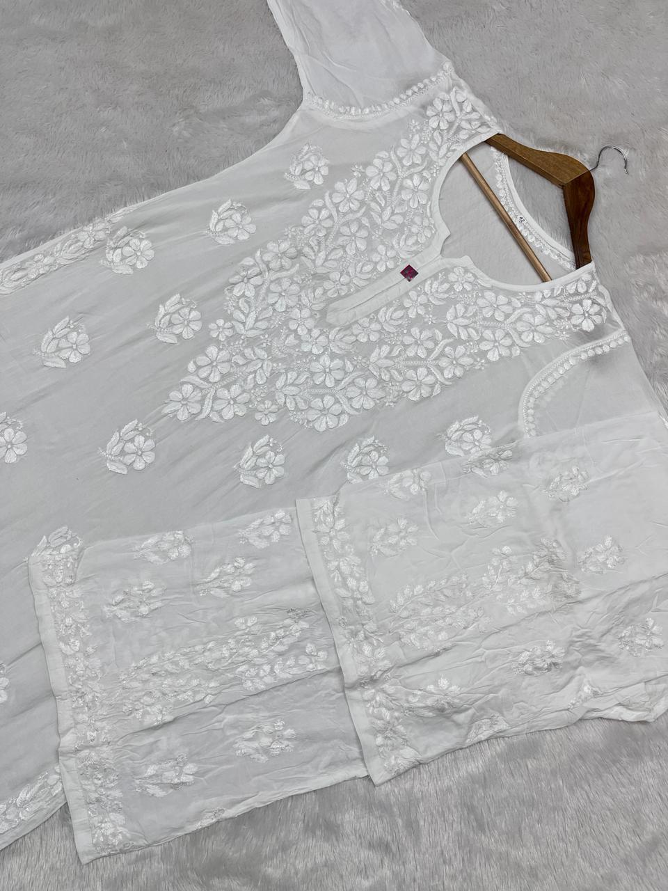 Timeless White Modal Kurti Palazzo Set - Inayakhan Shop 