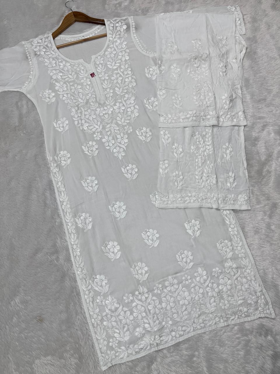 Timeless White Modal Kurti Palazzo Set - Inayakhan Shop 