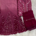 Wine Chikankari Elegance Ombré Mirror Booti Jaal Set - Kurti, Sharara & Dupatta