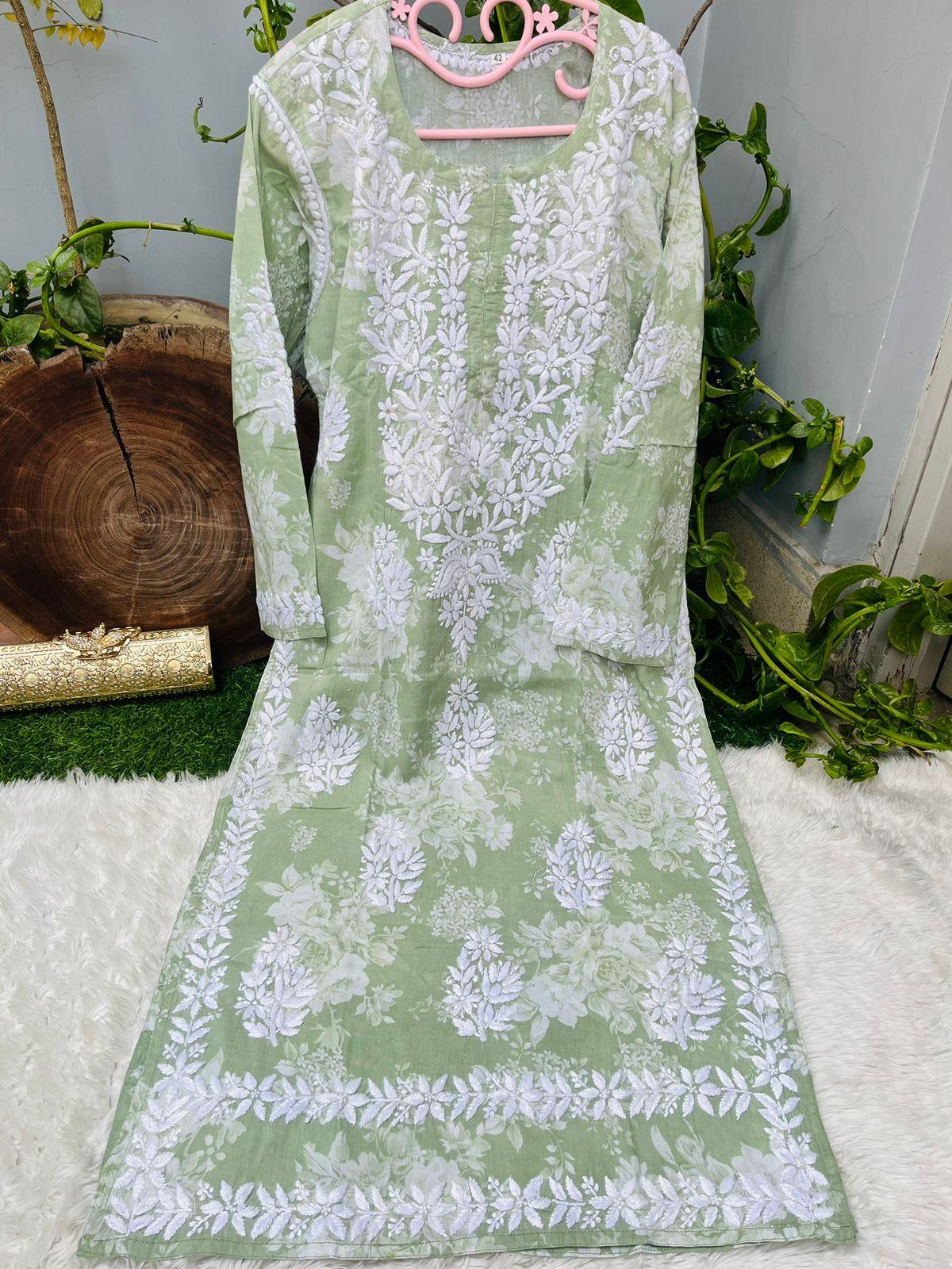 Tranquil Elegance: Light Green Chikankari Kurti in Mulmul Cotton - Inayakhan Shop 