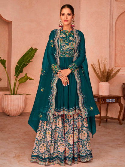 Turquoise Silk Splendor Party Wear Salwar Kameez Sharara with Dupatta