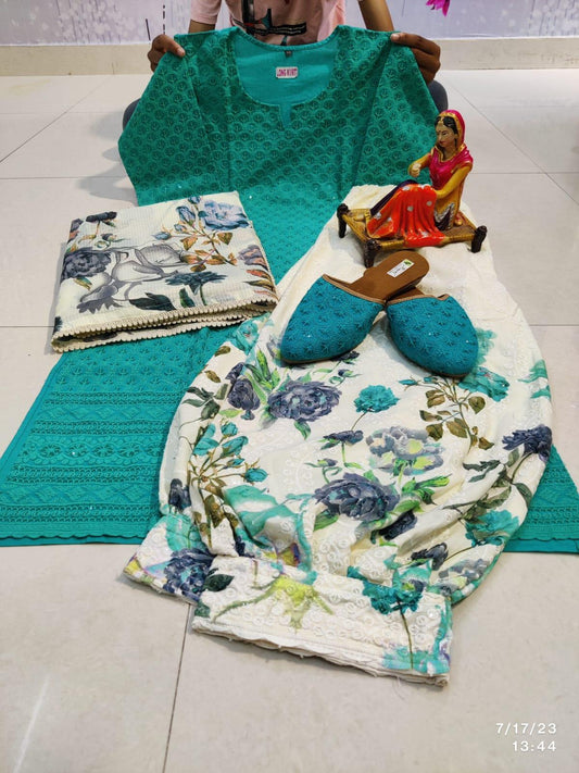 Turquoise Blue Cotton Phulkari Suit: Afghani Salwar and Digital Print Dupatta - Inayakhan Shop 