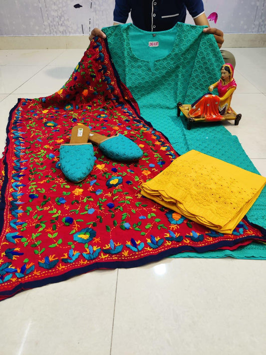 Turquoise Blue Cotton Phulkari Suit with Beautiful Chikan & Sequins Embroidery Work Shopping Online - Inayakhan Shop 