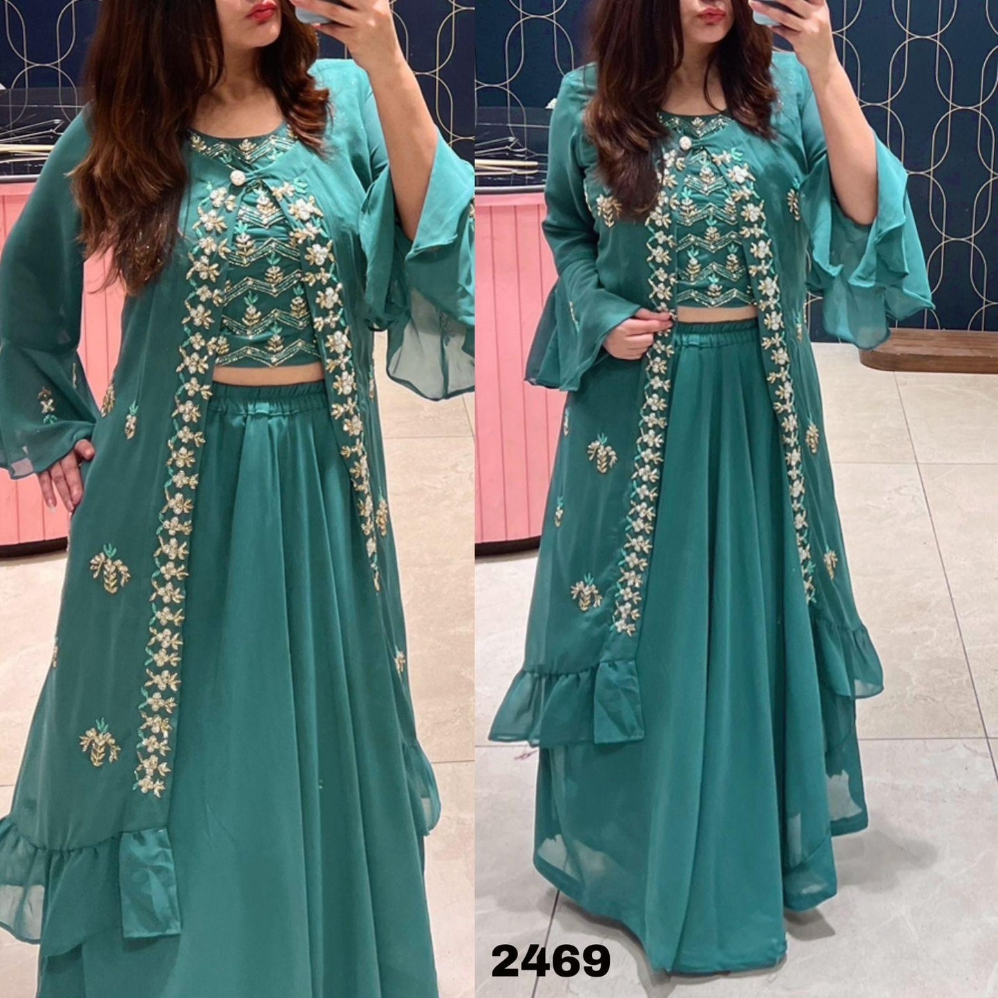 Turquoise Blue Georgette Crop Top & Kurti with Beautiful Handwork Embroidery Shopping Online - Inayakhan Shop 