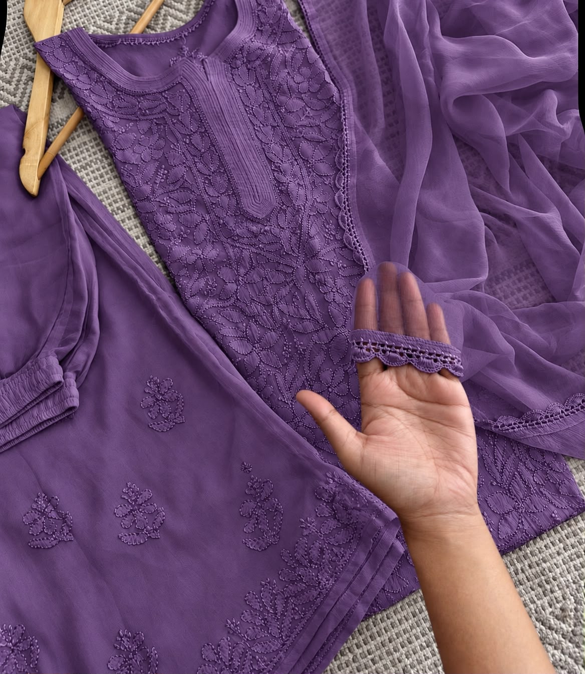 Premium Lavendar Purple Resham Viscose Jaal Kurti, Palazzo & Dupatta Set (New)