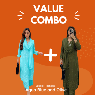 Value Combo Aqua Blue and Earthy Olive 3 pc Chikankari Sets