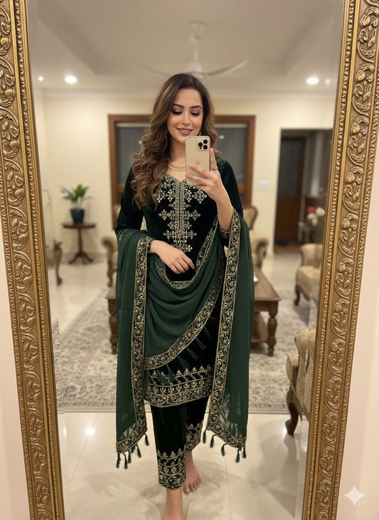 Emerald Luxe Velvet Shalwar Suit Set (Limited Stock)