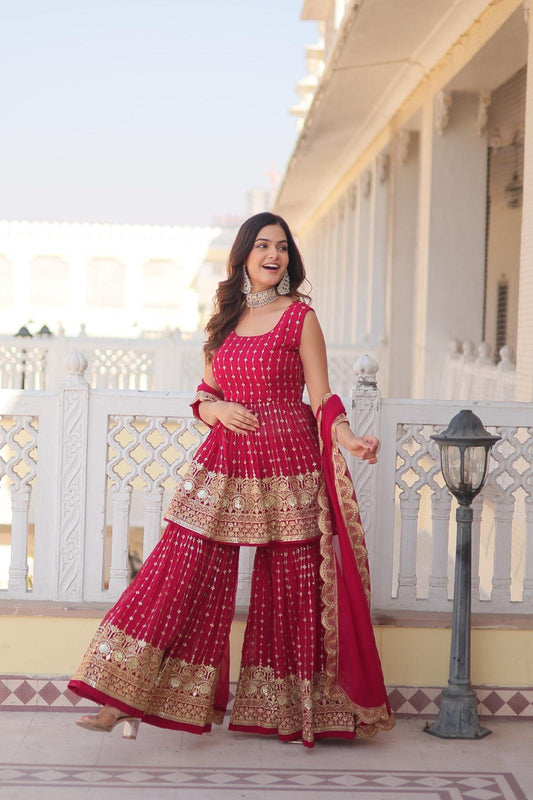 Vibrant Red Elegance: Gharara Georgette Kurti with Sequins & Thread Embroidery - Inayakhan Shop 