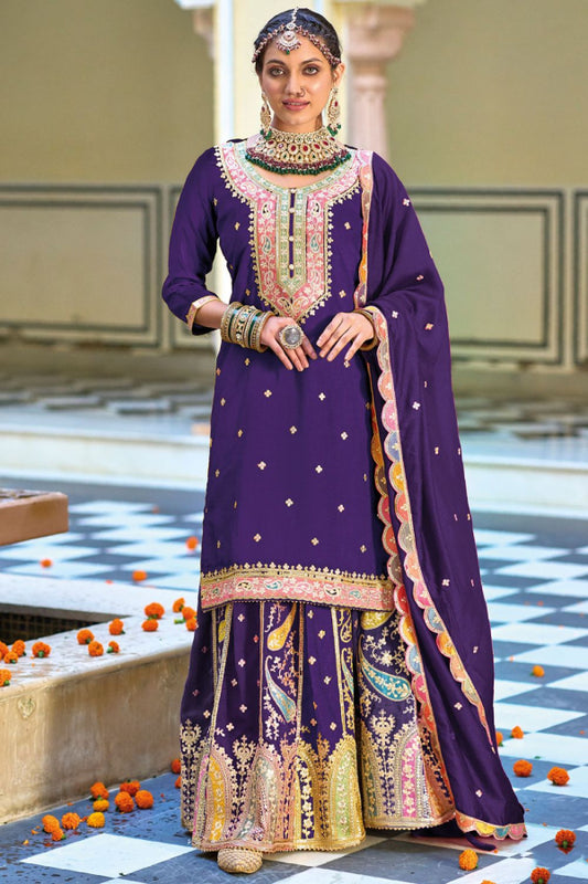 Dark Purple Premium Punjabi Style Chinon Salwar Kameez Palazzo Set with Dupatta