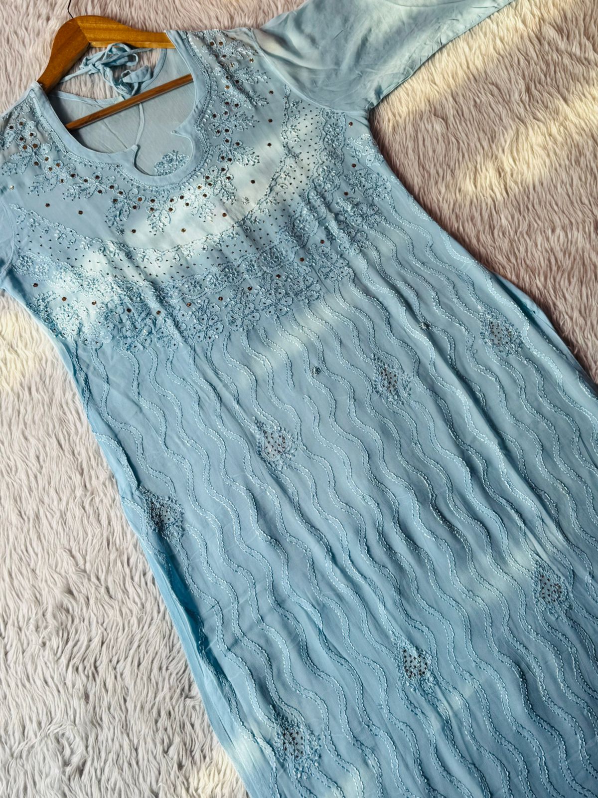 Pastel Blue Viscose Chikankari Kurta and Palazzo Set with Mukaish Work (New| Limited Stock)