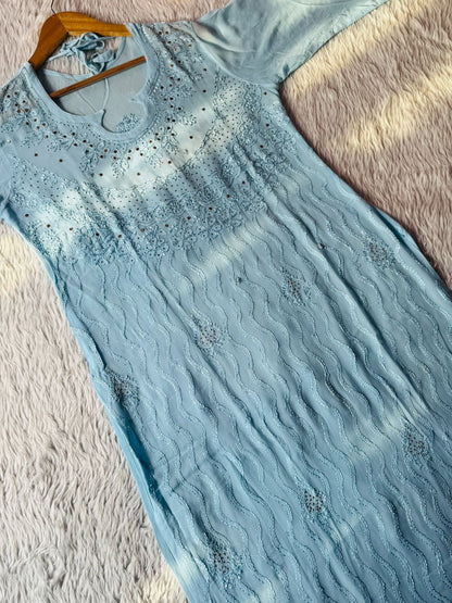 Pastel Blue Viscose Chikankari Kurta and Palazzo Set with Mukaish Work (New| Limited Stock)
