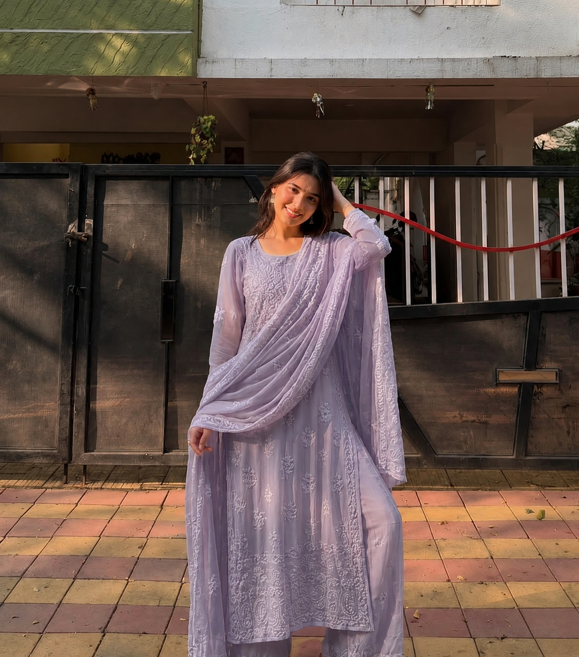 Lavendar Grey Viscose Chikankari Kurti Set with 3D Handwork Inner included (New)